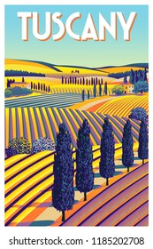 Romantic rural landscape in sunny day in Italy with vineyards, farms, meadows, fields and trees in the background. Handmade drawing vector illustration. Flat design. Poster in the Art Deco style.