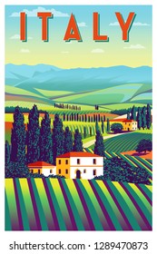 Romantic Rural Landscape In Sunny Day In Italy With Vineyards, Farms, Meadows, Fields And Trees In The Background. Handmade Drawing Vector Illustration. Flat Design. Vintage Poster.