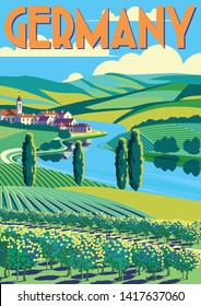 Romantic rural landscape in sunny day in Germany with vineyards, farms, meadows, fields and trees in the background. Handmade drawing vector illustration. Flat design. Poster in the Art Deco style.
