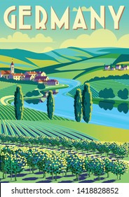 Romantic rural landscape in sunny day in Germany with vineyards, farms, meadows, fields and trees in the background. Handmade drawing vector illustration. Flat design. Poster in the Art Deco style.