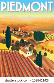 Romantic rural landscape in sunny day in Italy with vineyards, farms, meadows, fields and trees in the background. Handmade drawing vector illustration. Flat design. Poster in the Art Deco style.