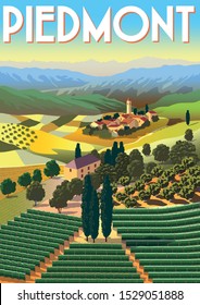 Romantic rural landscape in sunny day in Italy with vineyards, farms, meadows, fields and trees in the background. Handmade drawing vector illustration. Flat design. Poster in the Art Deco style.