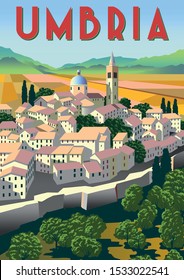 Romantic rural landscape in sunny day in Italy with small town, meadows, fields and mountains in the background. Handmade drawing vector illustration. Flat design. Poster in the Art Deco style.