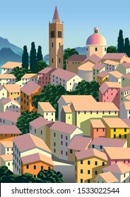 Romantic Rural Landscape In Sunny Day In Italy With Small Town And Mountains In The Background. Handmade Drawing Vector Illustration. Flat Design. Poster In The Art Deco Style.