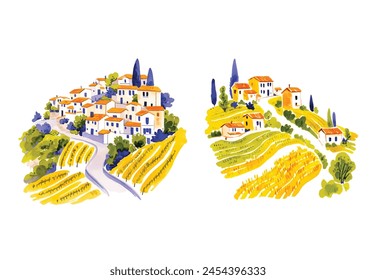 Romantic rural landscape in sunny day in Italy with vineyards, farms, meadows, fields and trees in the background. Watercolor