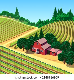 Romantic rural landscape with vineyards, farm, meadows, fields and trees in the background. Handmade drawing vector illustration. Flat design.