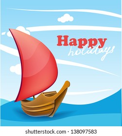 Romantic sail boat on sunny seaside background. Vector card template