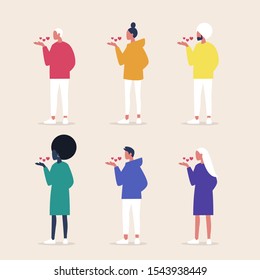 Romantic Saint Valentine set of characters blowing kisses in the wind, body language and gestures