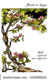 Romantic sakura tree with winding branches and pink flowers on a white background with inscriptions