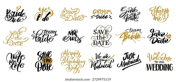 Romantic save the date wedding phrase with beautiful calligraphy font for invitation card and celebration. Party decor, engagement and anniversary with retro lettering and love quote. Vector set.