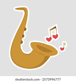 Romantic Saxophone with Heart Notes Vector Sticker. Charming vector illustration of a saxophone with heart-shaped musical notes. Ideal for romantic and musical themes