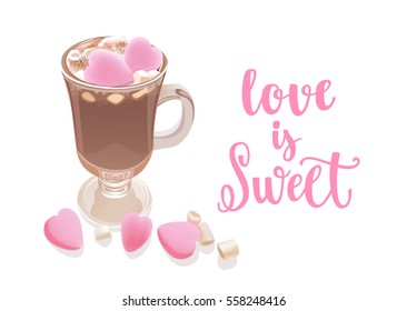 Romantic saying for Valentines Day. Beverage quote modern calligraphy style lettering with glass and decorative elements. Vector illustration for cards, leaflets or banners on white background.