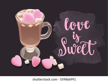 Romantic saying for Valentines Day. Beverage quote modern calligraphy style lettering with glass and decorative elements. Vector illustration for cards, leaflets or banners on chalkboard background.