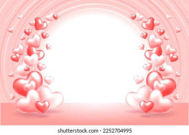 Romantic scene with arch of red and pink hearts on light pastel background. Design banner template with white round empty space. Vector illustration. Wedding or Valentine's Day concept. 