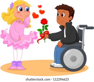 Romantic scene with a boy on wheelchair and a pretty girl