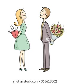 Romantic scene with cartoon characters - man giving flowers to a woman. Lady giving gift box to a boyfriend.Exchange of gifts between partners. Doodle hand drawn vector illustration isolated on white.