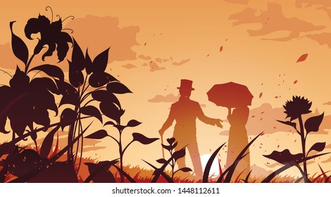 Romantic scene. Couple in the park silhouette cartoon illustration