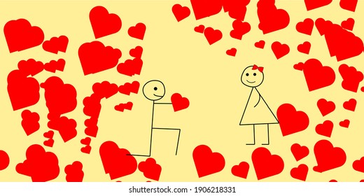 romantic scene of a cute couple on a valentine's day. man proposing his girl with the heart in the background of seamless backdrop of red love hearts. concept of romance and love. vector illustration