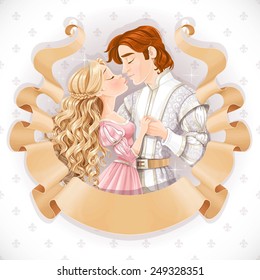 Romantic scene of a fabulous prince and princess kiss save the date card in old ribbon scroll of parchment frame