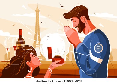 Romantic scene of lovers vector illustration. Pretty girl giving expensive wristwatch to man flat style concept. City landscape with famous paris landmark on background