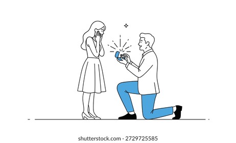 Escena romántica de un hombre arrodillado para proponer a una mujer sorprendida con un anillo de compromiso, simbolizando el amor y un nuevo comienzo.