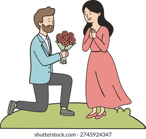 A romantic scene of a man on one knee giving a bouquet of roses to a surprised woman. Perfect for Valentine's Day or engagement themes.