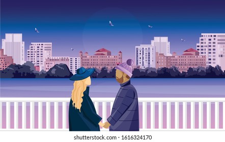 Romantic scene of a mature couple on bridge preparing to kiss