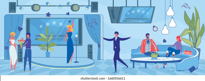 Romantic Scene in Night Club - Man Declares his Love to Attractive Young Woman, Presents Buquet and Giving Attention. St. Valentines Day Celebration and Romance Feeling. Flat Vector Illustration.