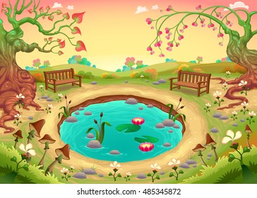 Romantic scene in the park. Vector fantasy illustration