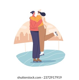 Romantic Scene Unfolds On The Ice Rink As A Couple Characters Glide Gracefully, Hand In Hand, Hug And Fun