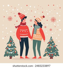 
A romantic scene unfolds in this flat vector holiday card. A bundled-up couple, cheeks rosy and smiles bright, share a warm embrace amidst a gentle snowfall. 