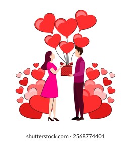 A romantic scene of Valentine's Day, that moment showed a person giving gift to their partner. The person has a warm smile and holding up a gift and heart shaped balloon