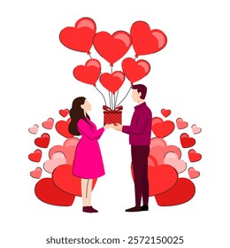 A romantic scene of Valentine's Day, that moment showed a person giving gift to their partner. The person has a warm smile and holding up a gift and heart shaped balloon