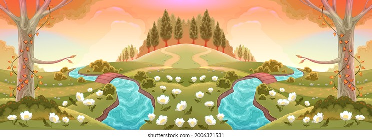 Romantic scenery with rivers and flowers. Vector landscape illustration
