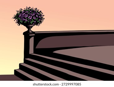 Vista panorámica romántica elegante paseo viaje hasta la ciudad urbana viaje patio patio patio salida abajo barandilla escena cielo espacio de texto. Línea negra dibujada a mano retro alto mármol blanco roman greek yard exuberante arbusto de primavera flor bowl urna estilo símbolo