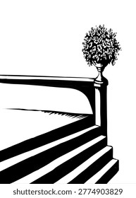 Romantic scenic view elegant walk travel up urban town journey palace yard patio exit down banister wall scene sky text space. Black line hand drawn retro high white marble rock roman greek yard lush luxury spring bush bloom bowl urn art style symbol