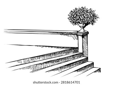 Romantic scenic view elegant walk travel up urban town journey palace yard patio exit down banister wall scene sky text space. Black line hand drawn retro high white marble rock roman greek yard lush luxury spring bush bloom bowl urn art style symbol