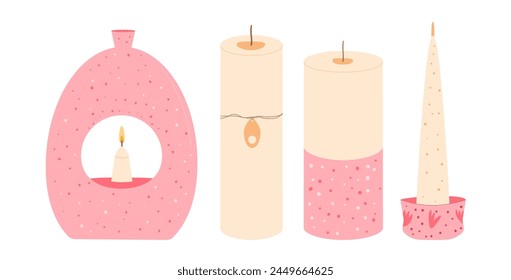 Romantisches Duftkerzen-Set. Handgemachtes aromatisches Kerzenlicht isoliert in weißem Hintergrund. Große Zeit. Aromatherapie und Entspannung Wohnkultur. Handgezeichnete Vektorgrafik.