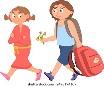 Romantic school kids couple. Boy with flower bouquet