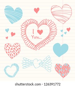 Romantic school vector set. Love school collection of drawn valentines elements. Sketches of hearts on the notobooks leaf. Love message