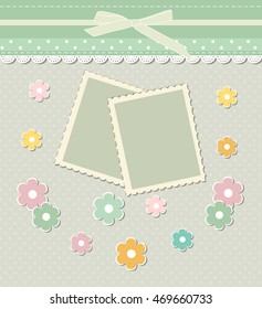 Romantic scrap booking template for invitation, greeting, baby shower card, happy birthday label, postcard frame or child album. Vector.