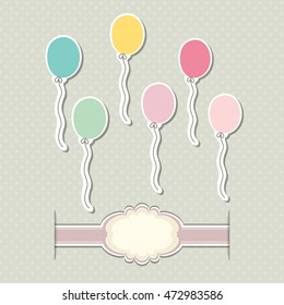Romantic scrap booking template for invitation, greeting, baby shower card, happy birthday label, postcard frame or child album. Vector.