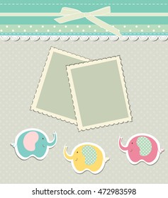 Romantic scrap booking template for invitation, greeting, baby shower card, happy birthday label, postcard frame or child album. Vector.