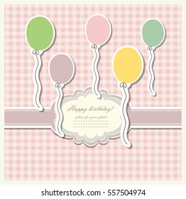Romantic scrap booking template for invitation, greeting, baby shower card, happy birthday label, postcard frame or child album. Vector.