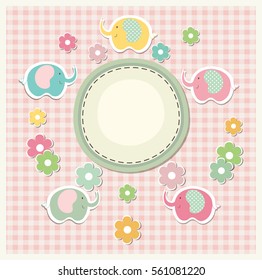 Romantic scrap booking template for invitation, greeting, baby shower card, happy birthday label, postcard frame or child album. Vector.