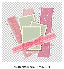 Romantic scrap booking template for invitation, greeting, baby shower card, happy birthday label, postcard frame or child album. Vector illustration in retro style