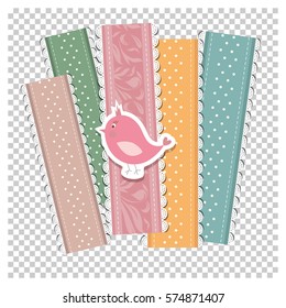 Romantic scrap booking template for invitation, greeting, baby shower card, happy birthday label, postcard frame or child album. Vector illustration in retro style