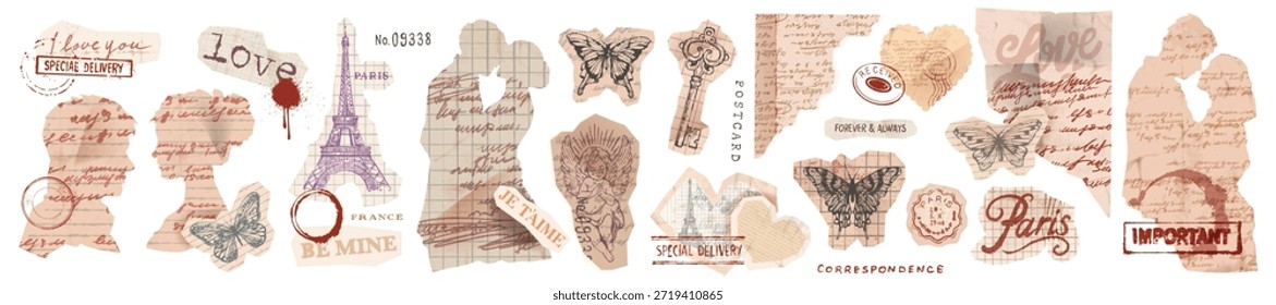 Conjunto de Elementos de diseño de collage de álbumes de recortes románticos, papel rasgado vintage, silueta de pareja romántica. Textura de la vieja carta de amor, hoja de notas grunge, texto manuscrito corazón. Arte de collage de scrapbook de San Valentín