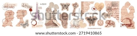 Romantic scrapbook collage design elements set, vintage torn paper, romantic couple silhouette. Old love letter texture, grunge notes sheet, handwritten ink text heart. Valentine scrapbook collage art