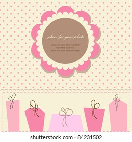 Romantic scrapbooking (vector version eps 8). Baby beautiful girl card with your text for invitation, greeting, birthday, label, postcard, frame, gift and etc. 
